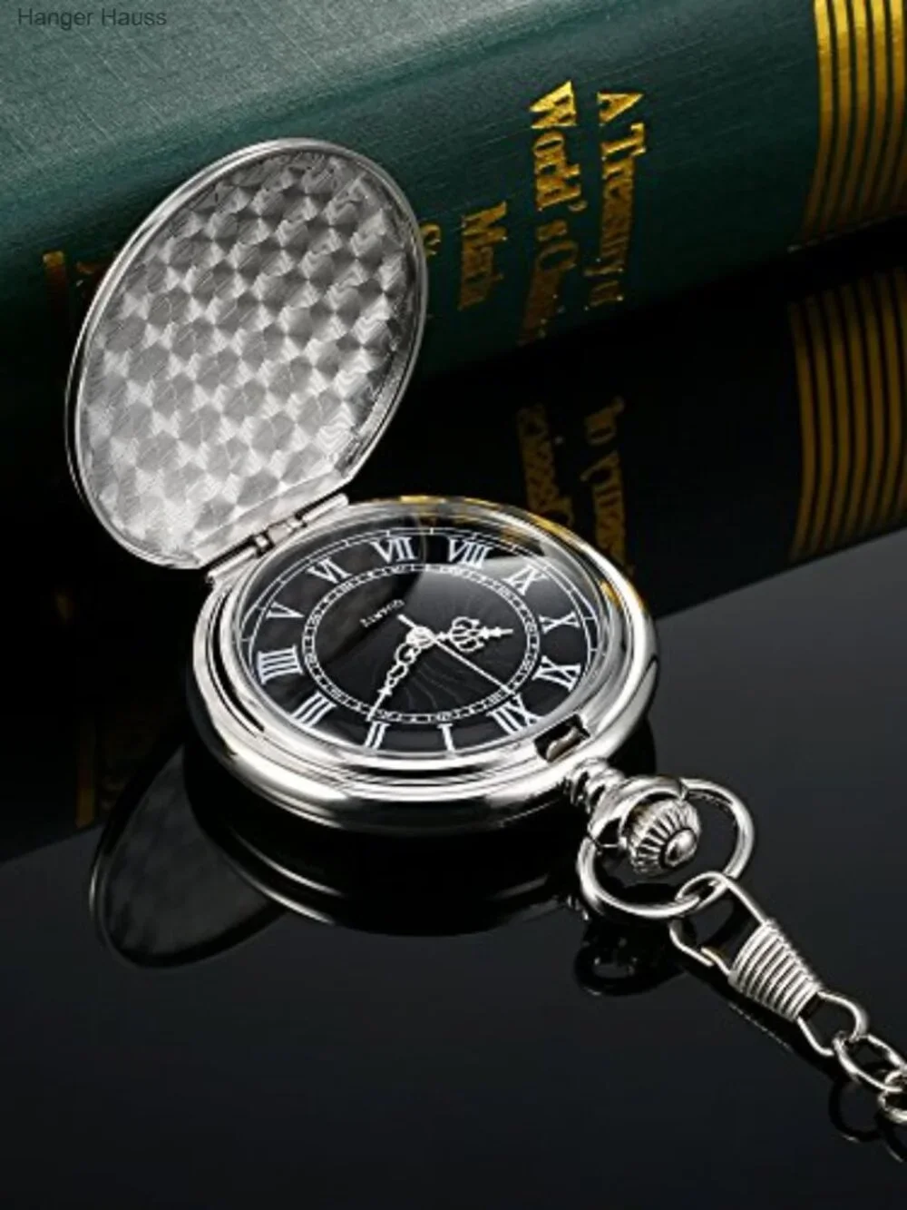 Men's Quartz Pocket Watch with Black Dial, Chain, Gift Box